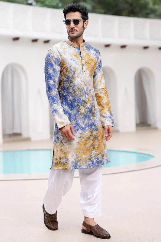 Blue and Mustard Tie-Dye Resham Embroidered Kurta Set - Asuka Couture
