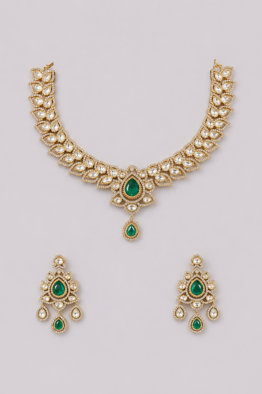 Mohiniya Two Tone Finish Green Polki Necklace Set