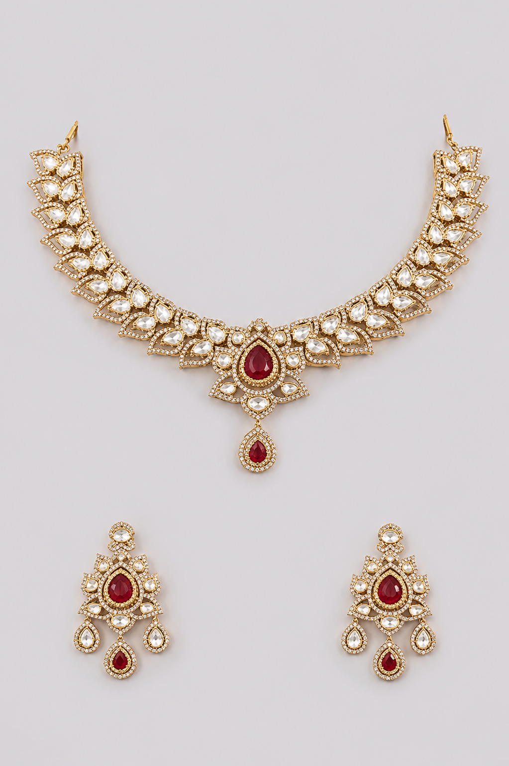 Mohiniya Two Tone Finish Red Polki Necklace Set