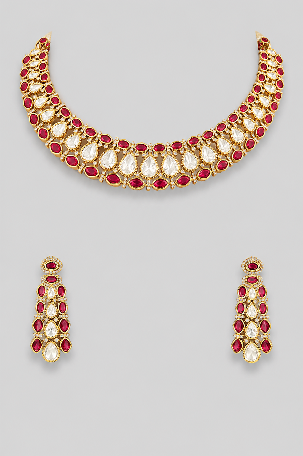Aabharika Red Two Tone Polki Necklace Set