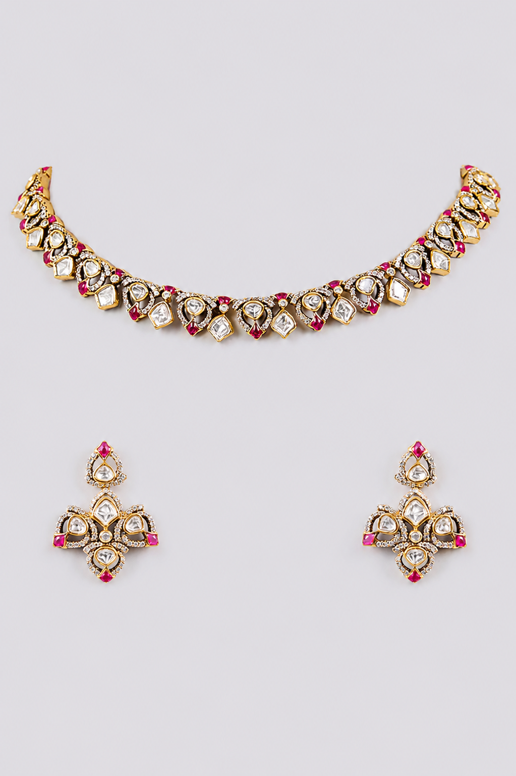 Trishaani Red Two Tone Finish Polki Necklace Set