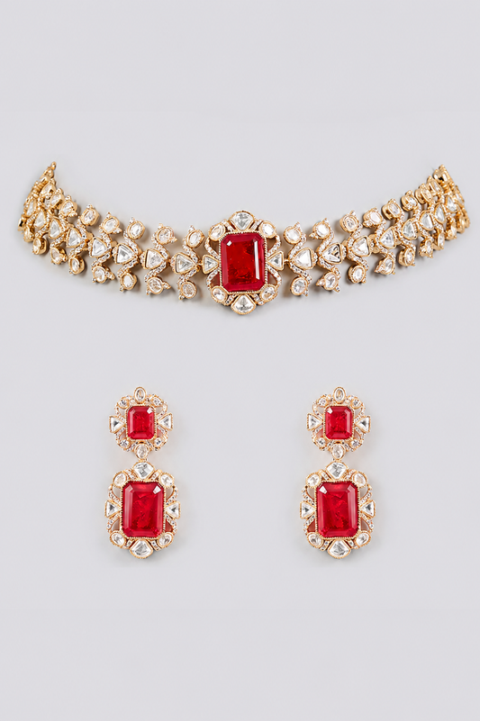 Saanvika Red Kundan Necklace Set
