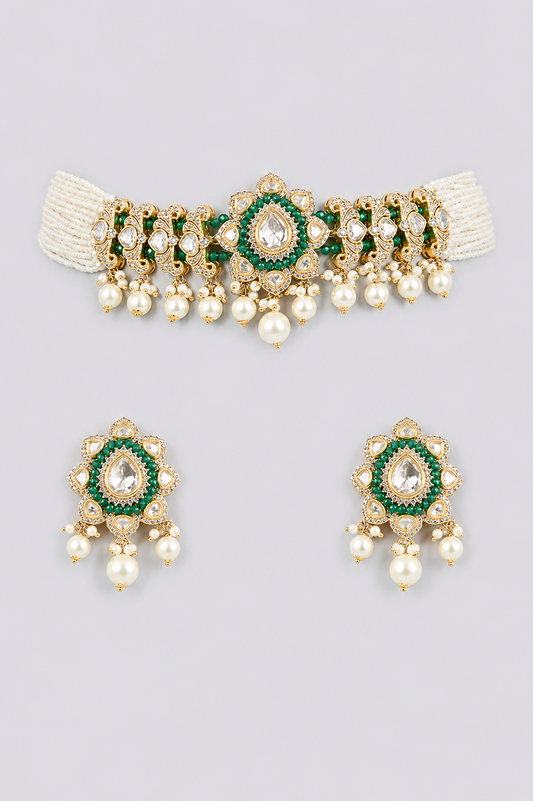 Sharvani Green Pearl Kundan Choker