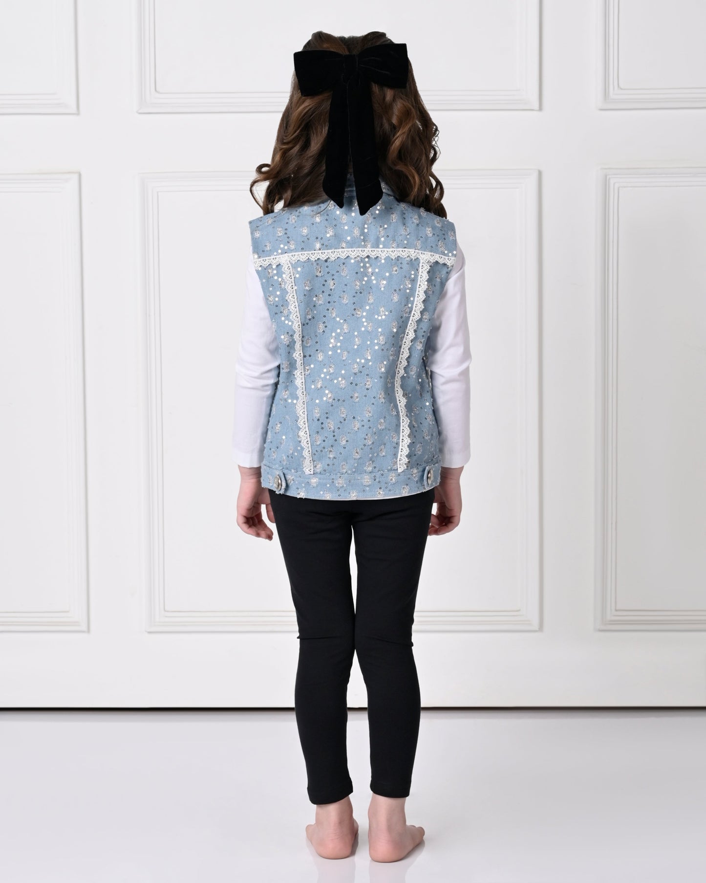 Light Blue Over Size Sequence Sleeveless with Bow Denim Jacket