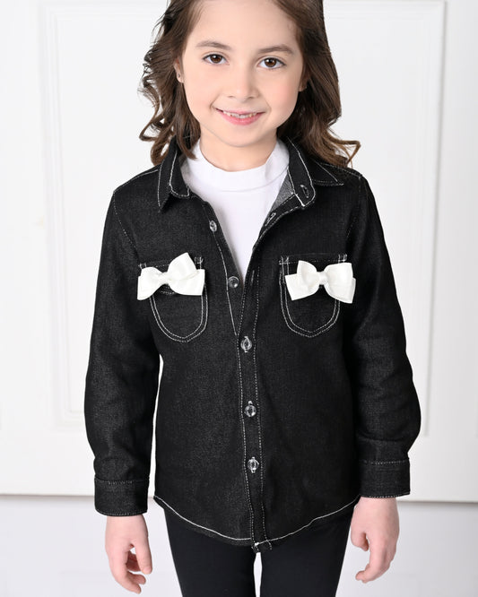 Black Full Sleeve with Bow Denim Jacket