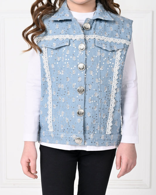 Light Blue Over Size Sleeveless Lace Denim Jacket