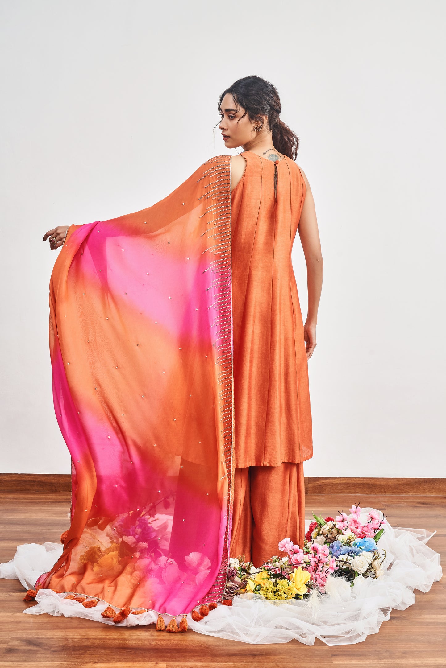 Burnt Orange Kalidaar With Burnt Orange X Hot Pink Shaded Dupatta
