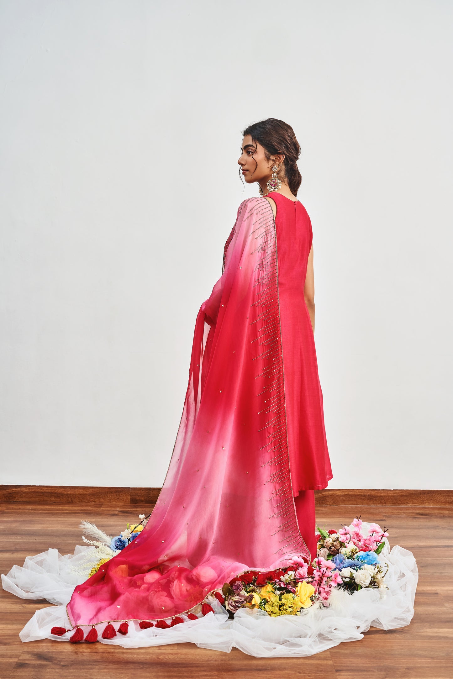Crimson Red Kalidaar With Crimson Red X Rose Pink Shaded Dupatta