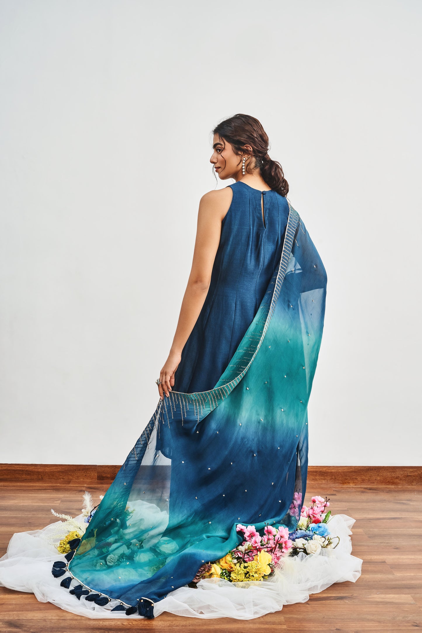 Teal Blue Kalidaar With Teal Blue X Bottle Green Shaded Dupatta