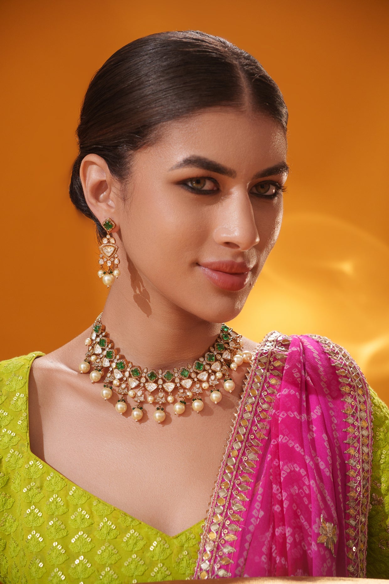 Reya Green Two Tone Finish Polki Necklace Set