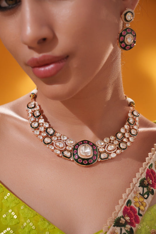 Aavira Gold Finish Kundan Necklace Set