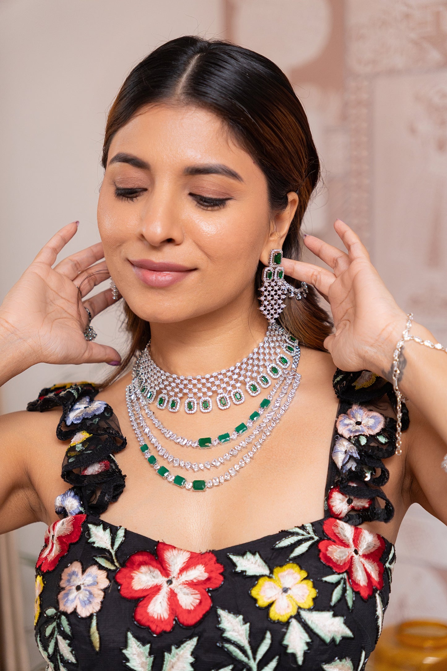 Avyanna Emerald White Finish Diamond Necklace Set