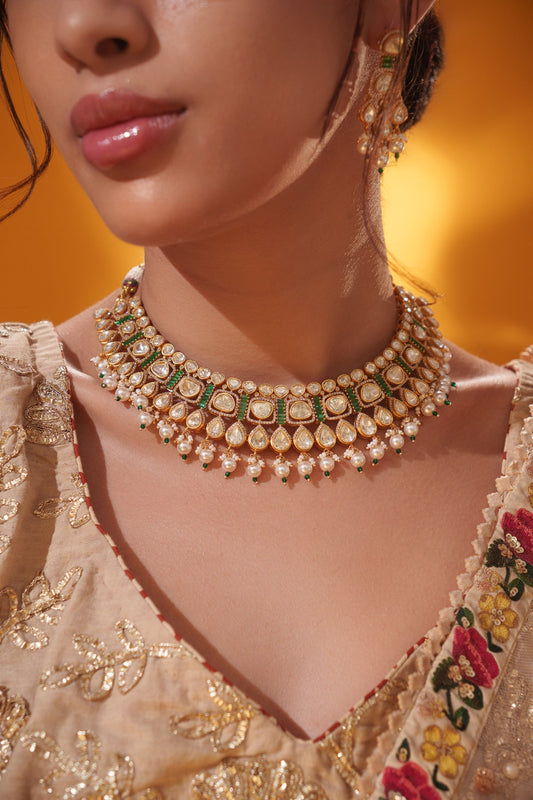 Aarshna Gold Finish Moissanite Necklace Set