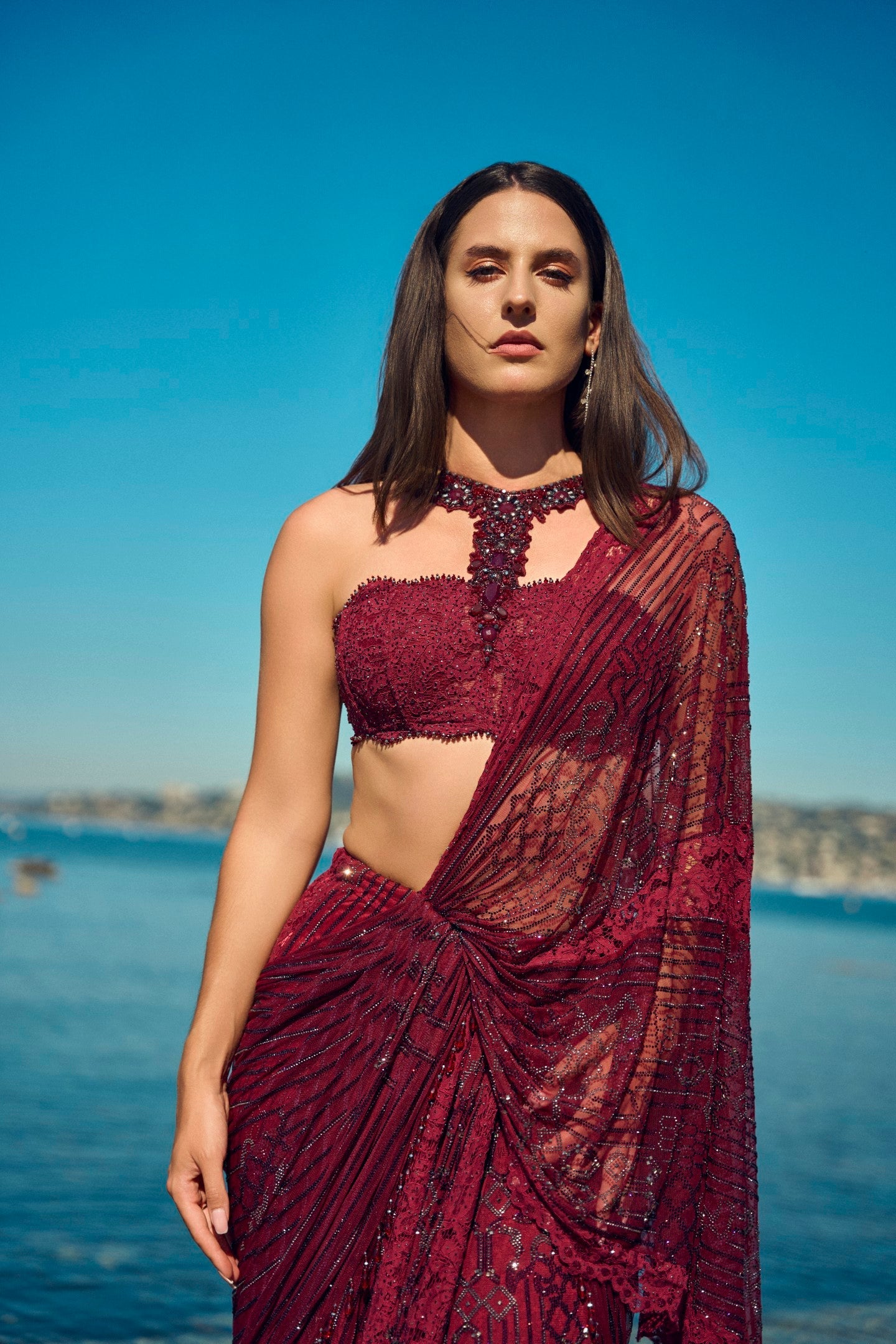 Burgundy Crystal Pre-Draped Saree