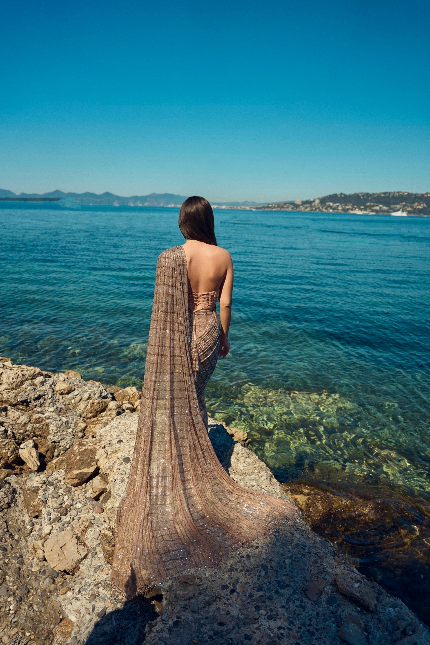 Champagne Crystal Pre-Draped Saree