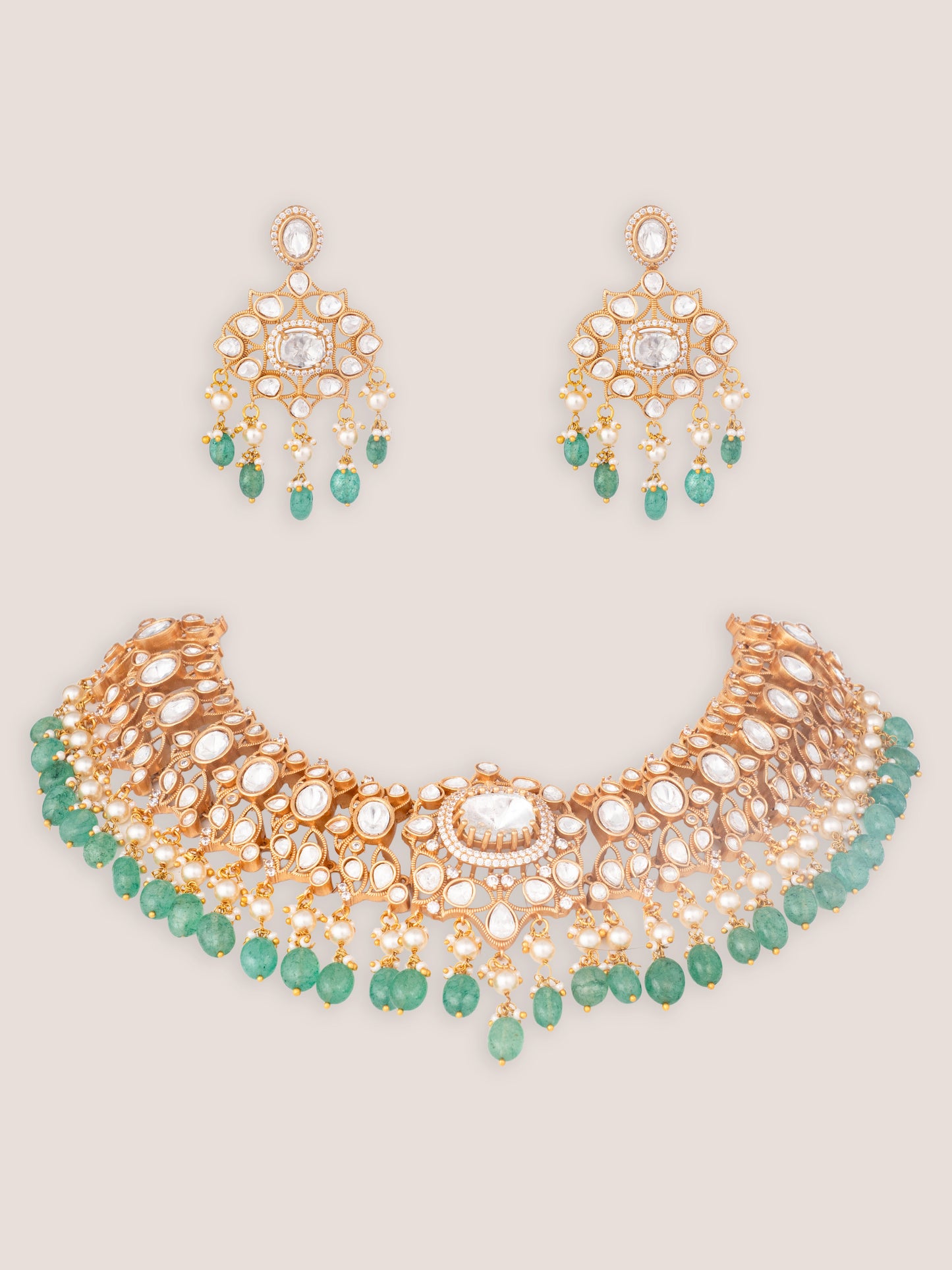 Vasura Green Gold Finish Moissanite Necklace Set