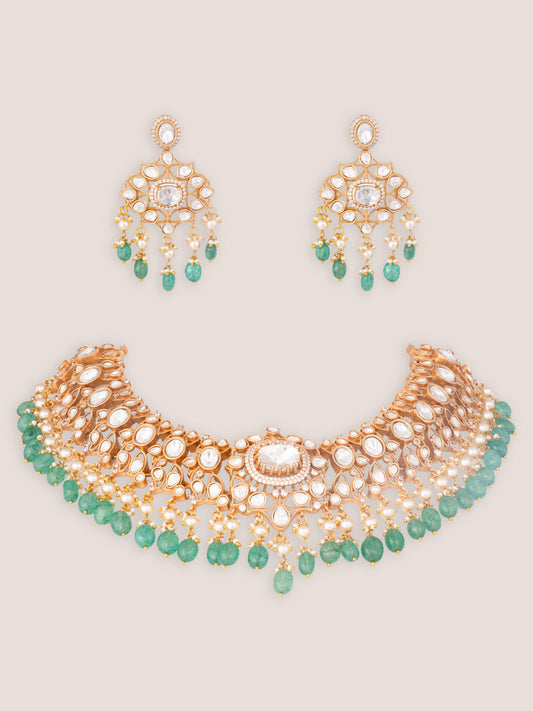 Vasura Green Gold Finish Moissanite Necklace Set