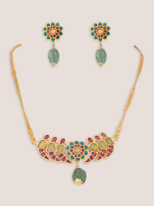 Iravya Pink-Green Peacock Kundan Necklace Set