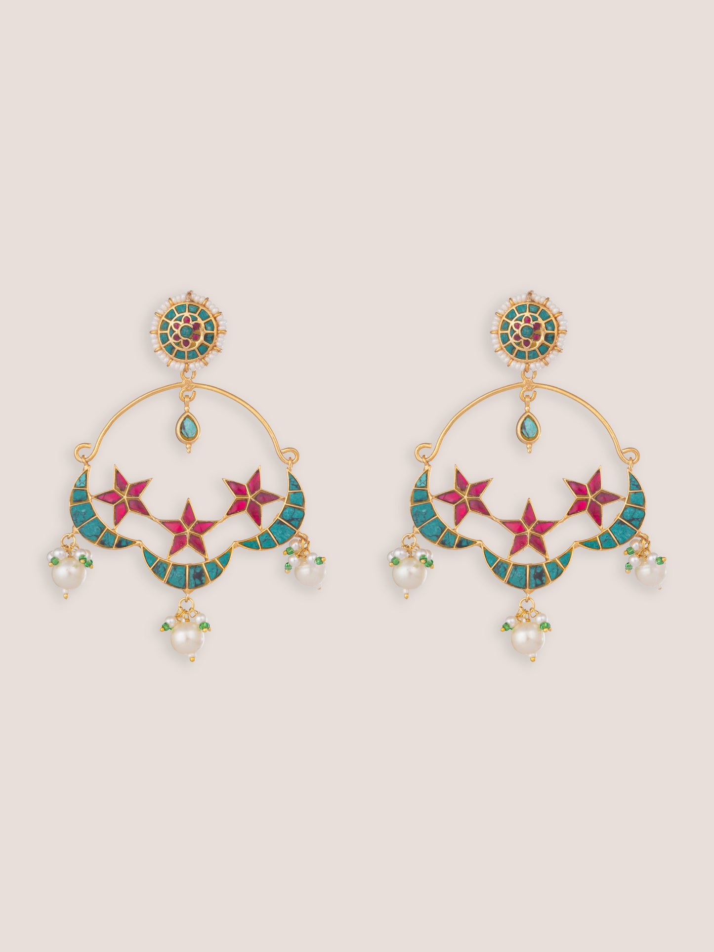 Sitara Blue Pink Kundan Chandbalis