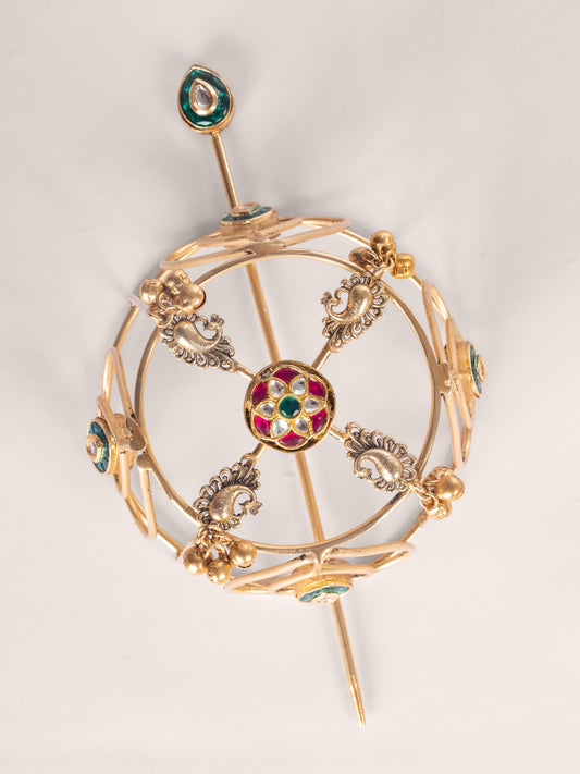 Kritya Pink Green Kundan Hair Bun Cage