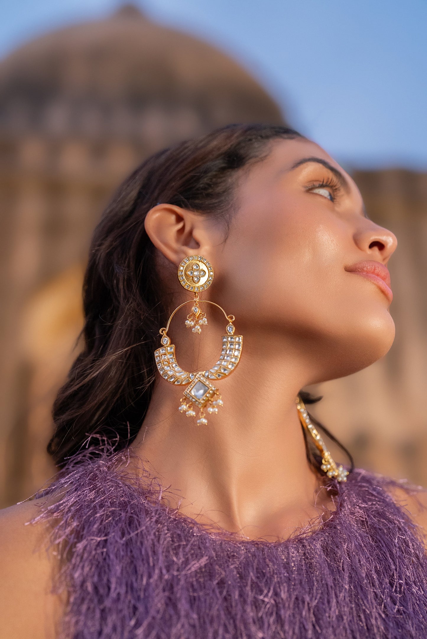 Fira Gold Finish Kundan Chandbalis