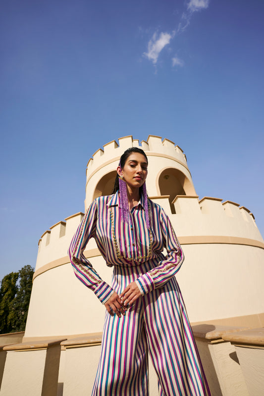 STRIPED PRINTED EMBROIDERED SHIRT WITH PALAZZO- EC-PZ-EG24-31- MultiColor