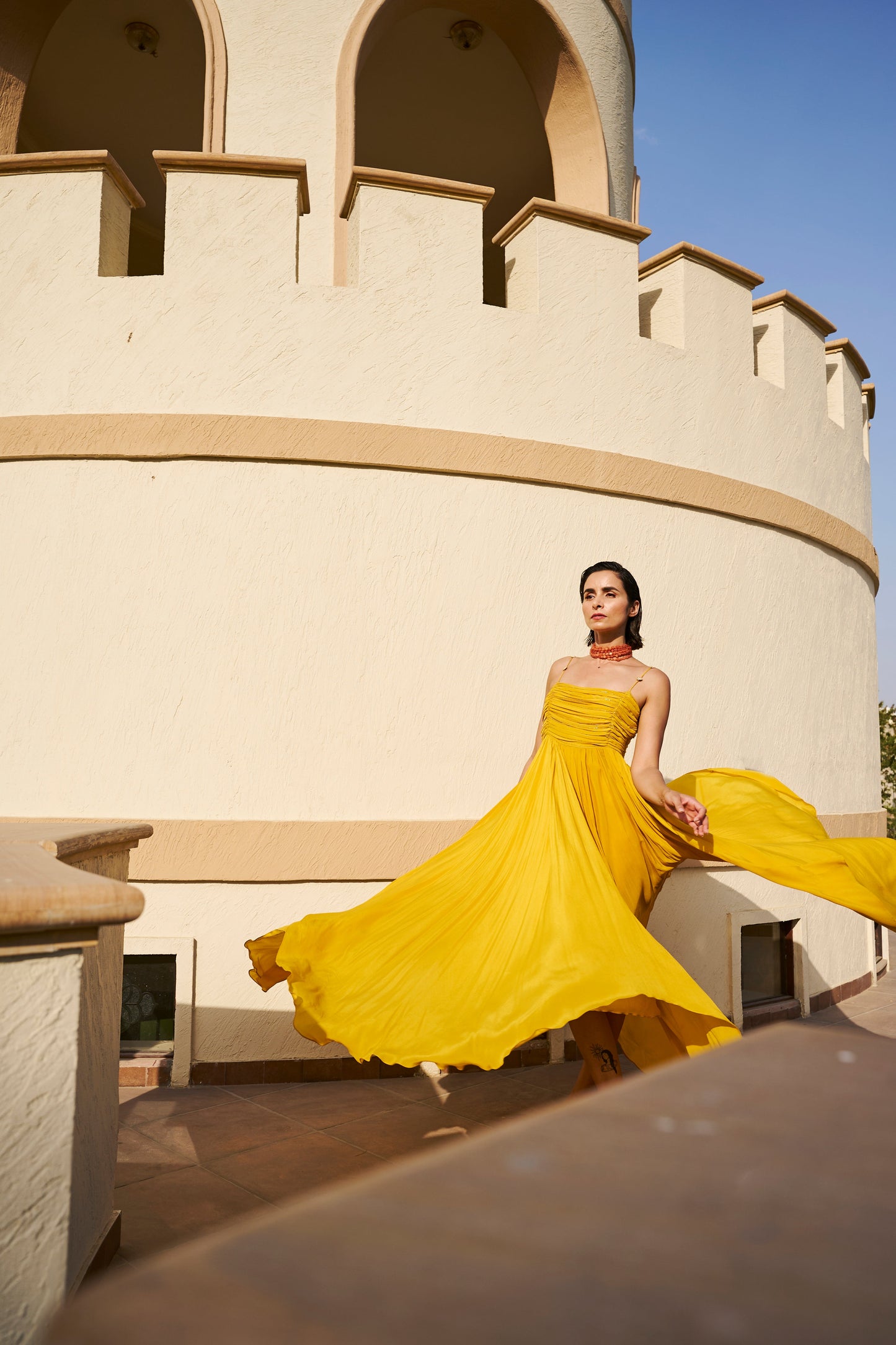 Line Embroidered Ruched Spaghetti Dress