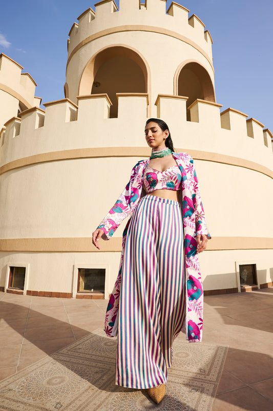 FLORAL PRINTED JACKET WITH BUSTIER AND PALAZZO- EC-LJP-EG24-25- WhitePinkBlue