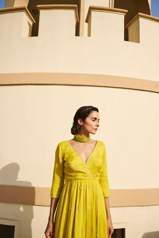 OVERLAP BUTI 12 KALI ANARKALI WITH PALAZZO AND DUPATTA- EC-AK-EG24-06- Lime