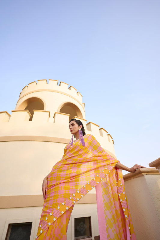 POP EMBROIDERED SAREE AND BLOUSE- EC-SA-EG24-32- YellowPop