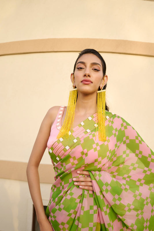 POP EMBROIDERED SAREE AND BLOUSE- EC-SA-EG24-17- LightPinkGreen