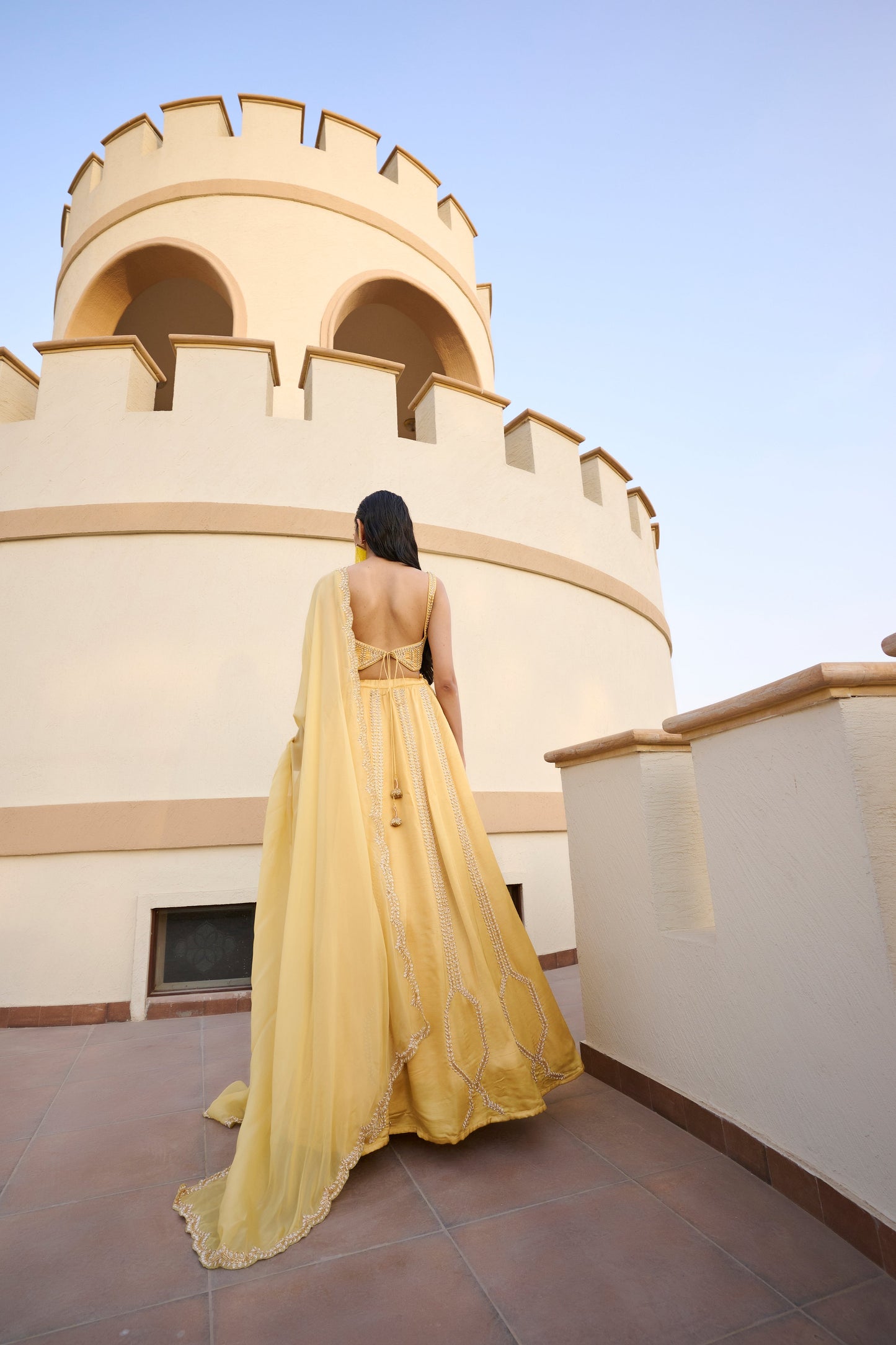 Kali Line Embroidered Lehenga with Blouse and Scallop Dupatta- EC-GC-EG24-27- Yellow