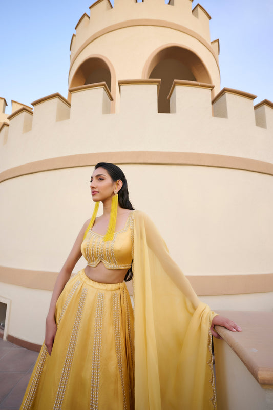 Kali Line Embroidered Lehenga with Blouse and Scallop Dupatta- EC-GC-EG24-27- Yellow