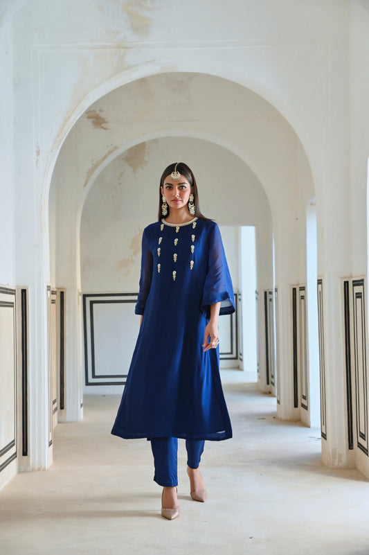 BELL SLEEVE YOKE FLORAL BUTTI EMBROIDERED KURTA WITH PANTS- EC-KP-RAHI25-01-RoyalBlue