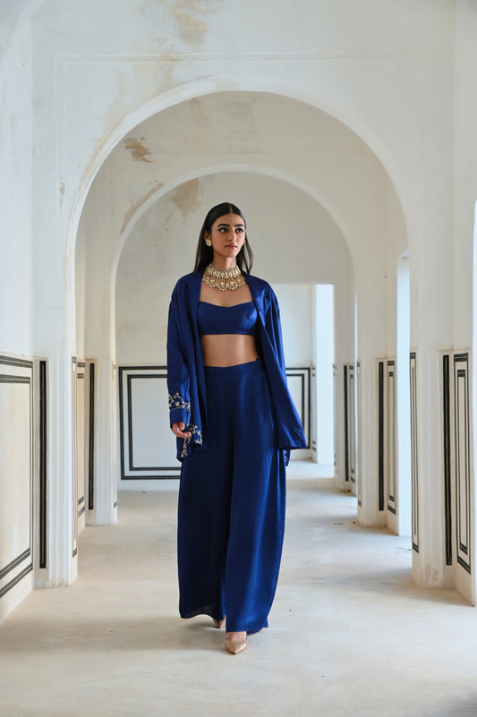 ROYAL BLUE LOOSE FITTED EMBROIDERED BLAZER WITH BRALET AND PALAZZO