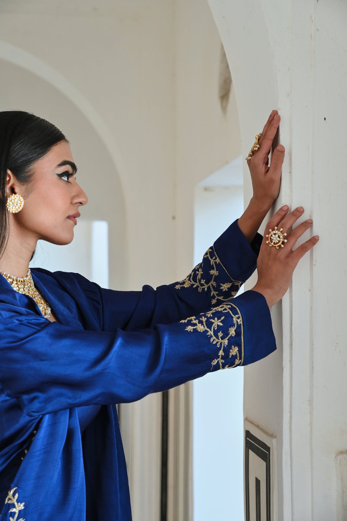 ROYAL BLUE LOOSE FITTED EMBROIDERED BLAZER WITH BRALET AND PALAZZO