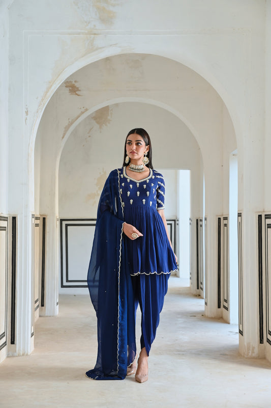 RAGLAN SLEEVE BUTTI EMBROIDERED PEPLUM WITH DHOTI AND DUPATTA