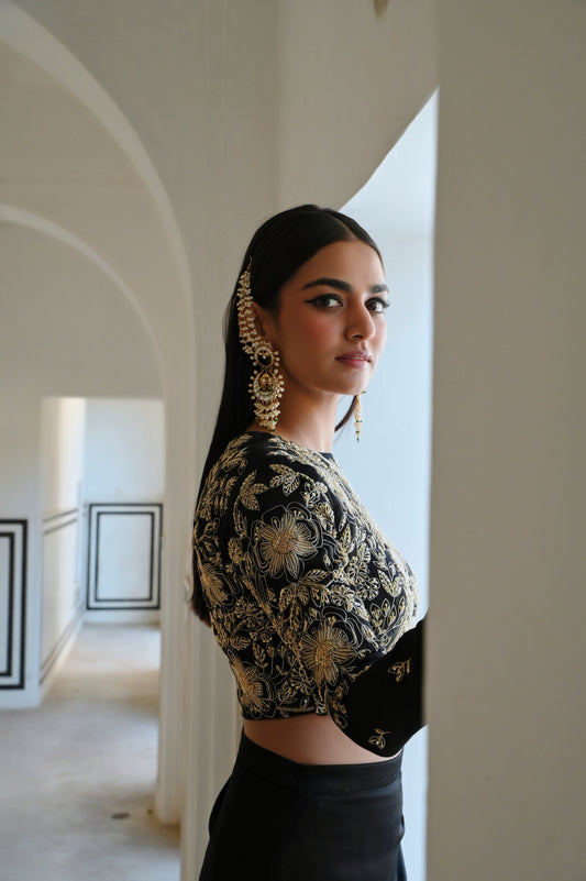 FULL SLEEVE BIG FLOWER JAAL EMBROIDERED CROP TOP WITH COWL SKIRT