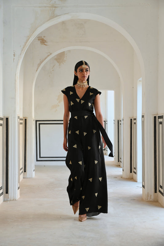 SMALL FLORAL BUTTI EMBROIDERED LOOSE JUMPSUIT