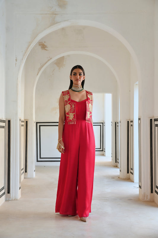 BIG FLOWER EMBROIDERED SHORT JACKET WITH JUMPSUIT
