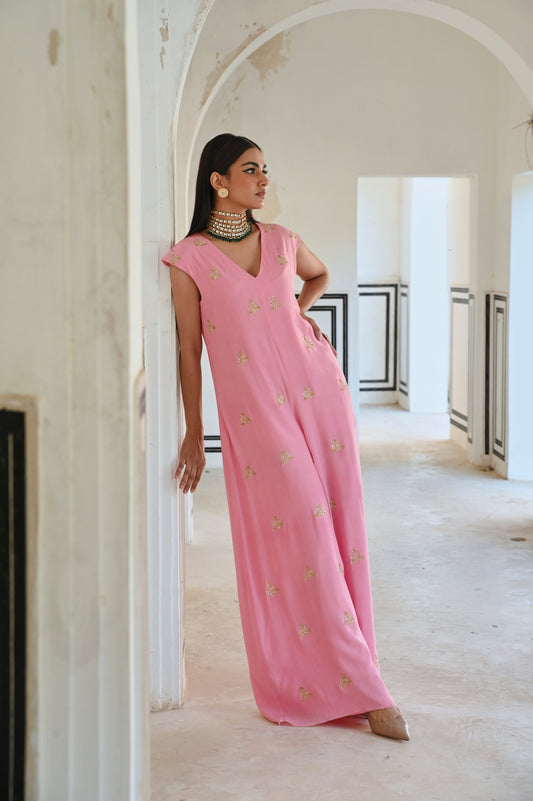 SMALL FLORAL BUTTI EMBROIDERED LOOSE JUMPSUIT- EC-JS-RAHI25-14- BabyPink