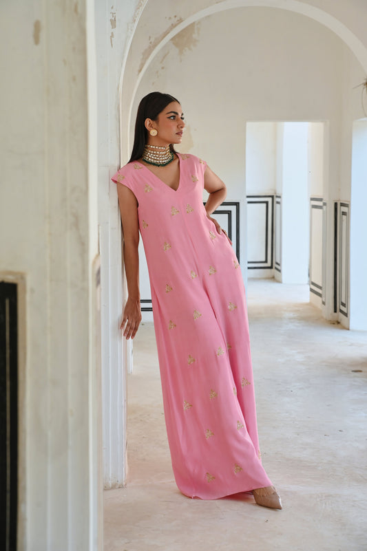 SMALL FLORAL BUTTI EMBROIDERED LOOSE JUMPSUIT