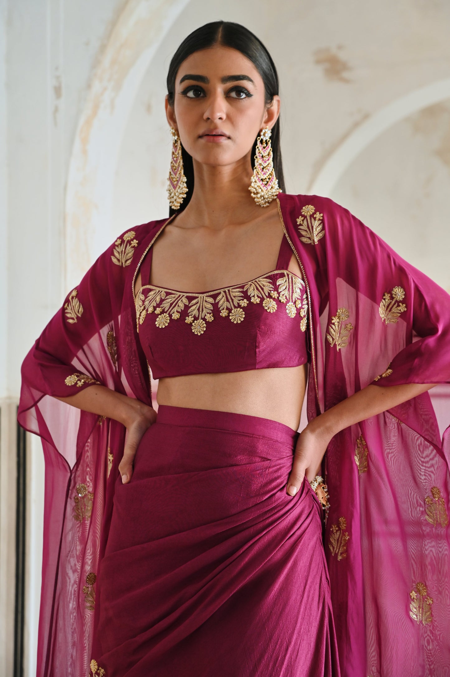 FLORAL EMBROIDERED NECKLINE BRALET WITH JACKET AND COWL SKIRT