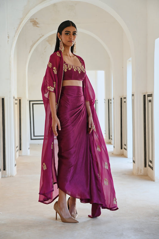 FLORAL EMBROIDERED NECKLINE BRALET WITH JACKET AND COWL SKIRT- EC-CJ-RAHI25-18- Magenta