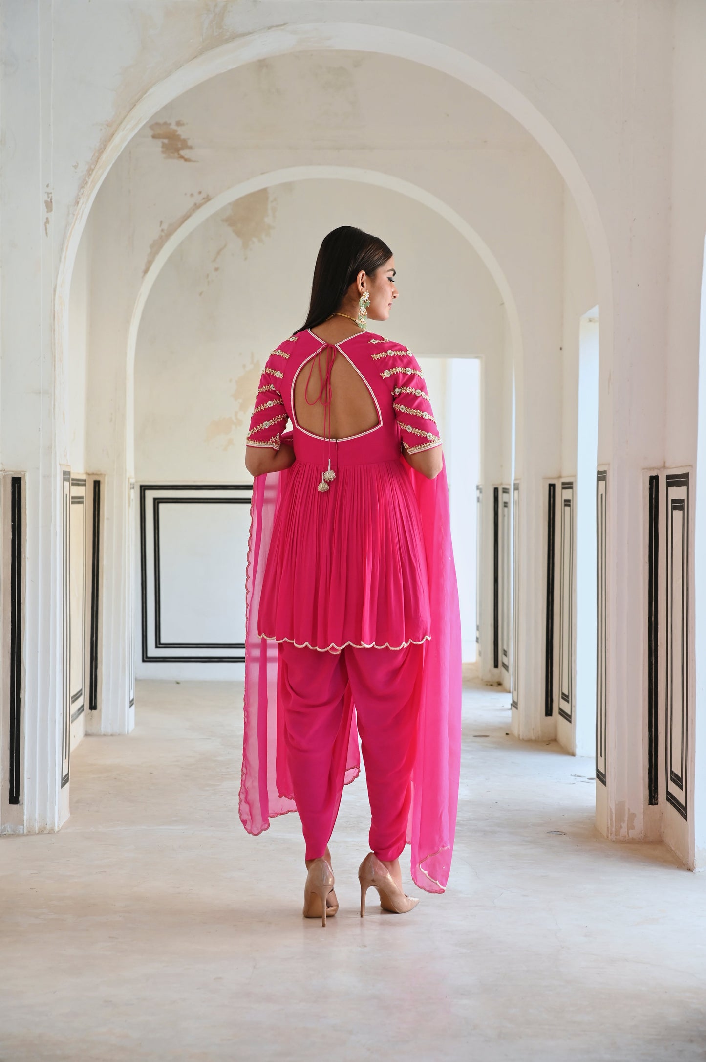 RAGLAN SLEEVE BUTTI EMBROIDERED PEPLUM WITH DHOTI AND DUPATTA- EC-DT-RAHI25-10- RosePink