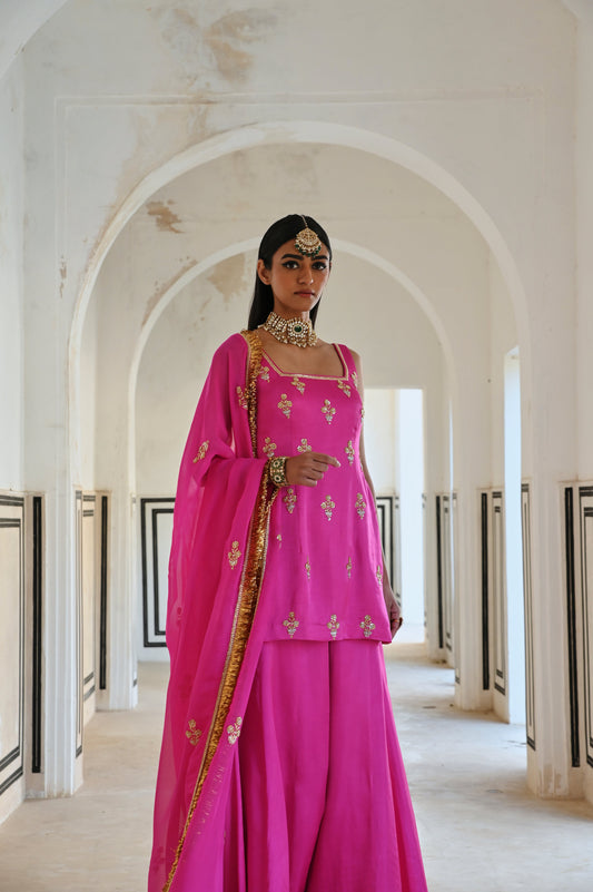 SQUARE NECKLINE FLORAL BUTTI EMBROIDERED SHORT KURTA WITH PALAZZO AND DUPATTA- EC-SH-RAHI25-11- BrightPink