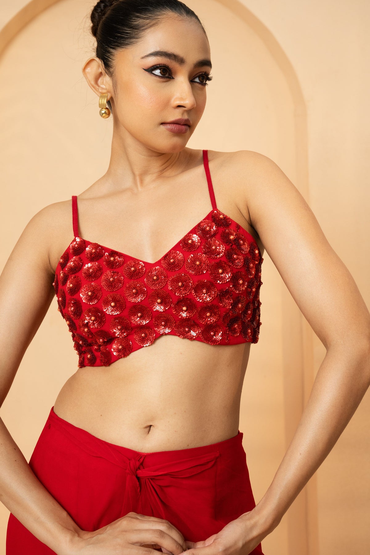 Red Embroidered Co-Ord Set with Dhoti Skirt and Cape