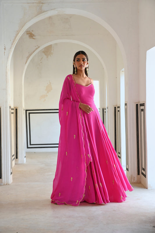 BRIGHT PINK SPAGHETTI BUTTI EMBROIDERED GODET ANARKALI WITH DUPATTA