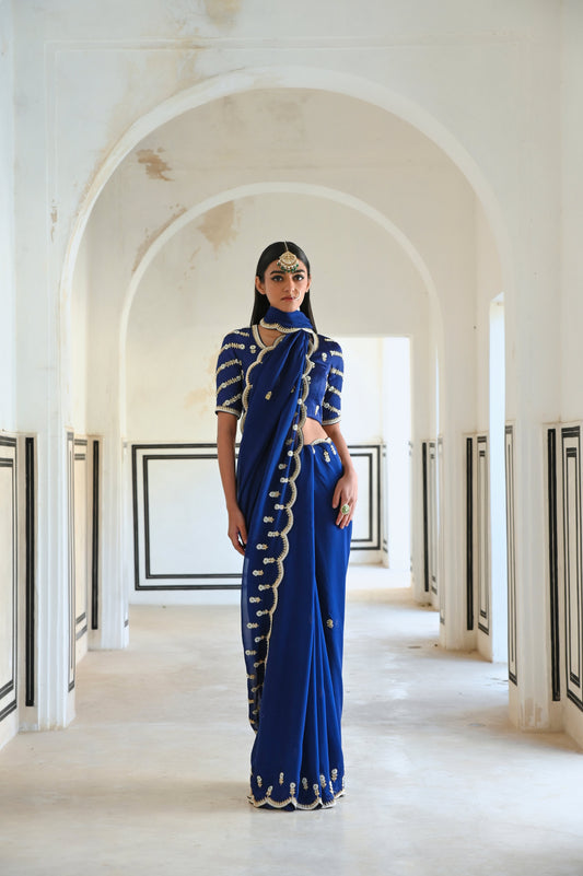 ROYAL BLUE SCALLOP EMBROIDERED SAREE WITH RAGLAN SLEEVE BLOUSE- EC-SA-RAHI25-20- RoyalBlue