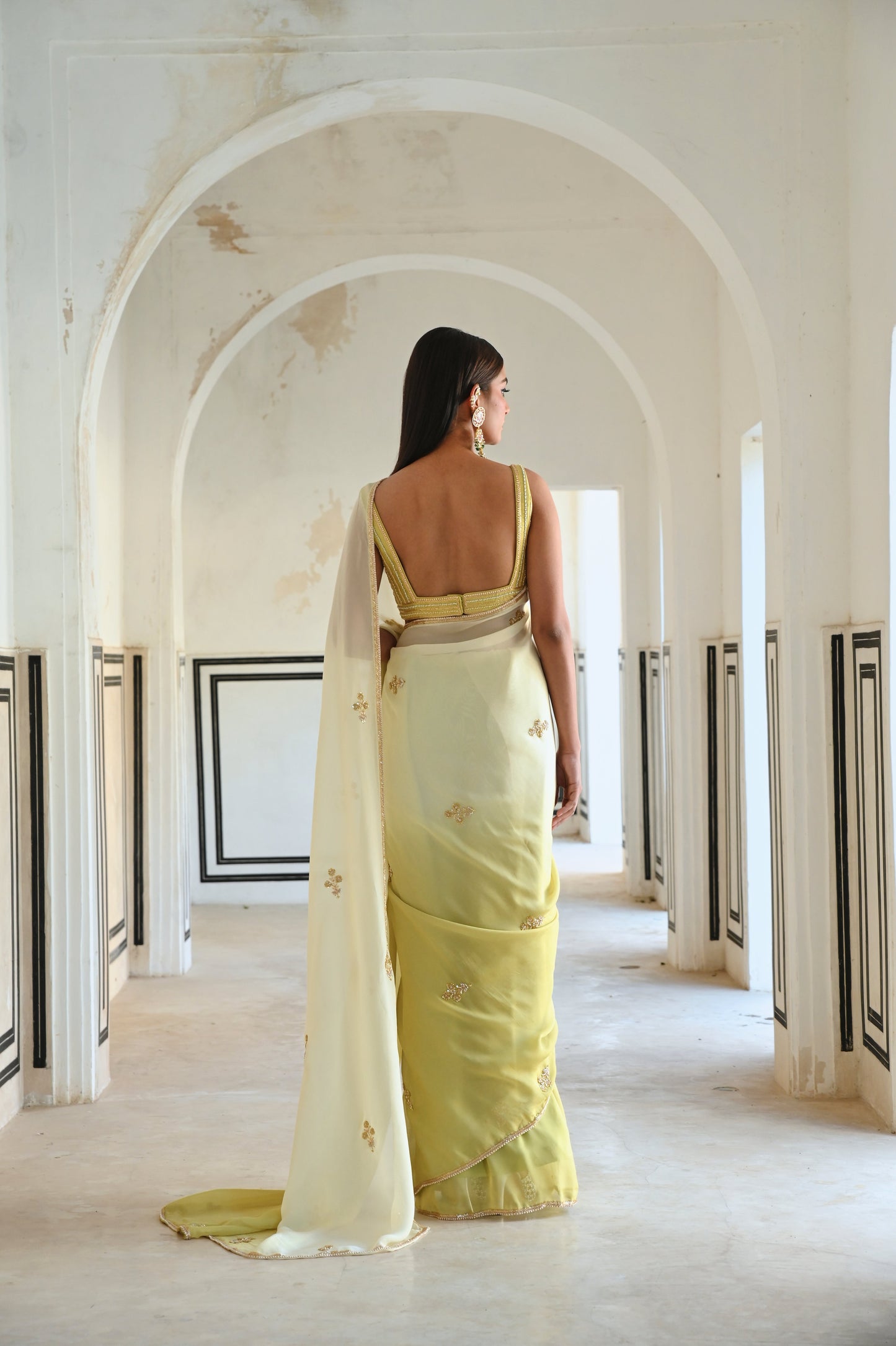 IVORY-OLIVE OMBRE FLORAL BUTTI EMBROIDERED SAREE WITH BLOUSE